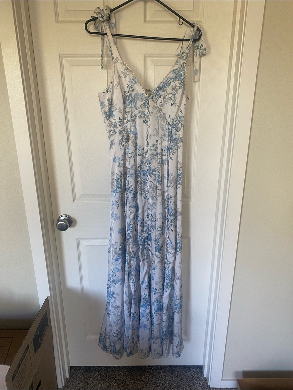 Altar'd State White Maxi Dress with Light Blue Floral Print